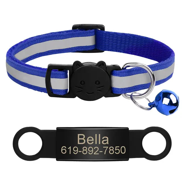 Collier chat réfléchissant personnalisé avec médaille gravée et sonnette
